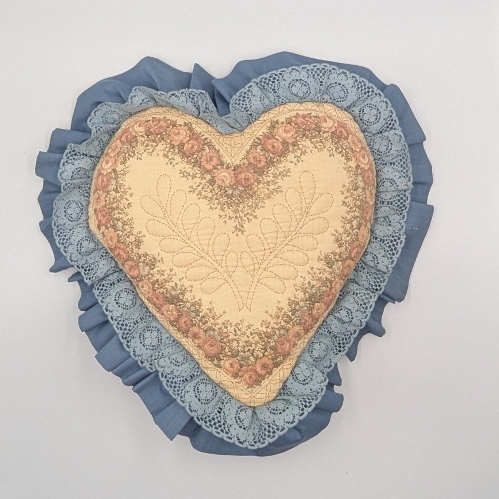 Vintage Cottagecore Heart Throw Pillow Blue Floral Quilted Lace Ruffle 15in 90s